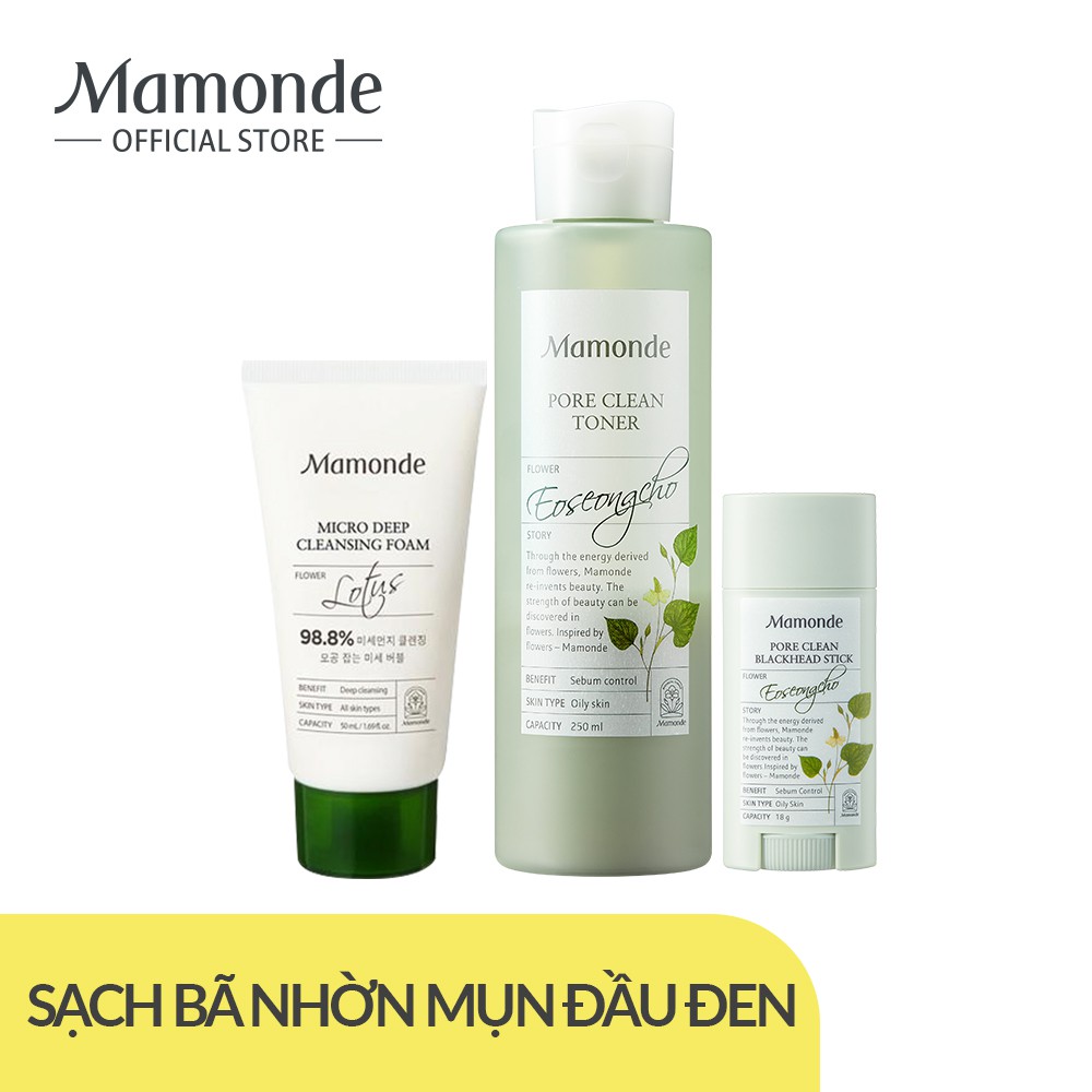Bộ sản phẩm làm sạch và giảm thiểu bã nhờn, ngăn ngừa mụn đầu đen siêu cấp Mamonde Pore Clean Toner 250ml + Pore Clean Stick 18g + Sữa rửa mặt Micro Deep Cleansing Foam 50ml
